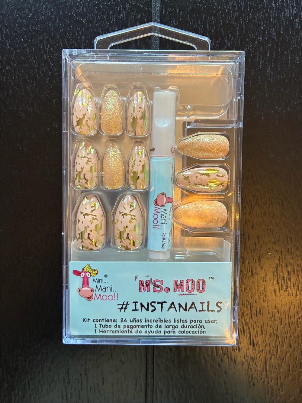 Mini Mani Moo MS. MOO Press-On Nails – Gold Glitter & Foil | 24 Count | New